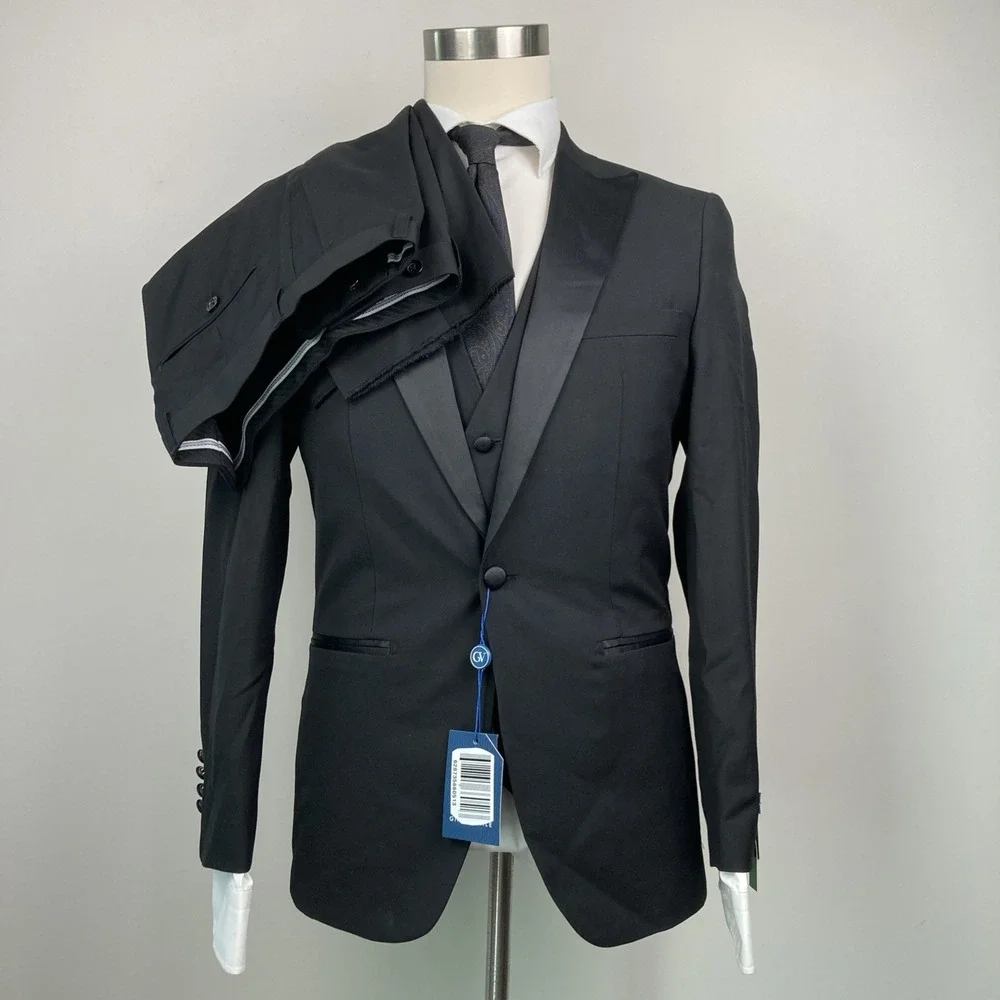 GINO VITALE Men's 3 Piece‎ Suit Slim Fit Black Jacket Vest Pants 36R 30W